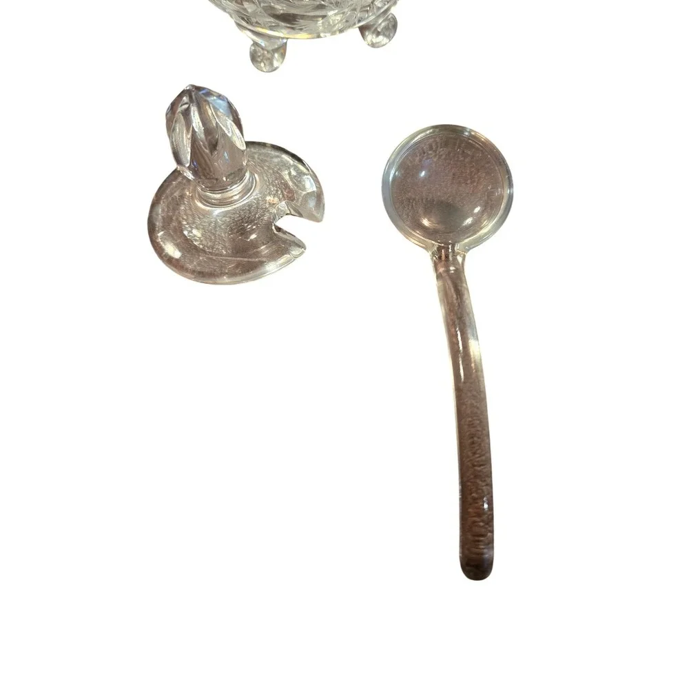 Vintage ICrystal Cut Glass Honey Jam Jar 3 Legged‎ Pot with Lid & Spoon